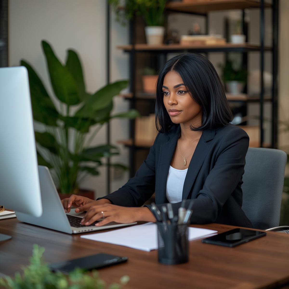 Professional woman at desk working on computer